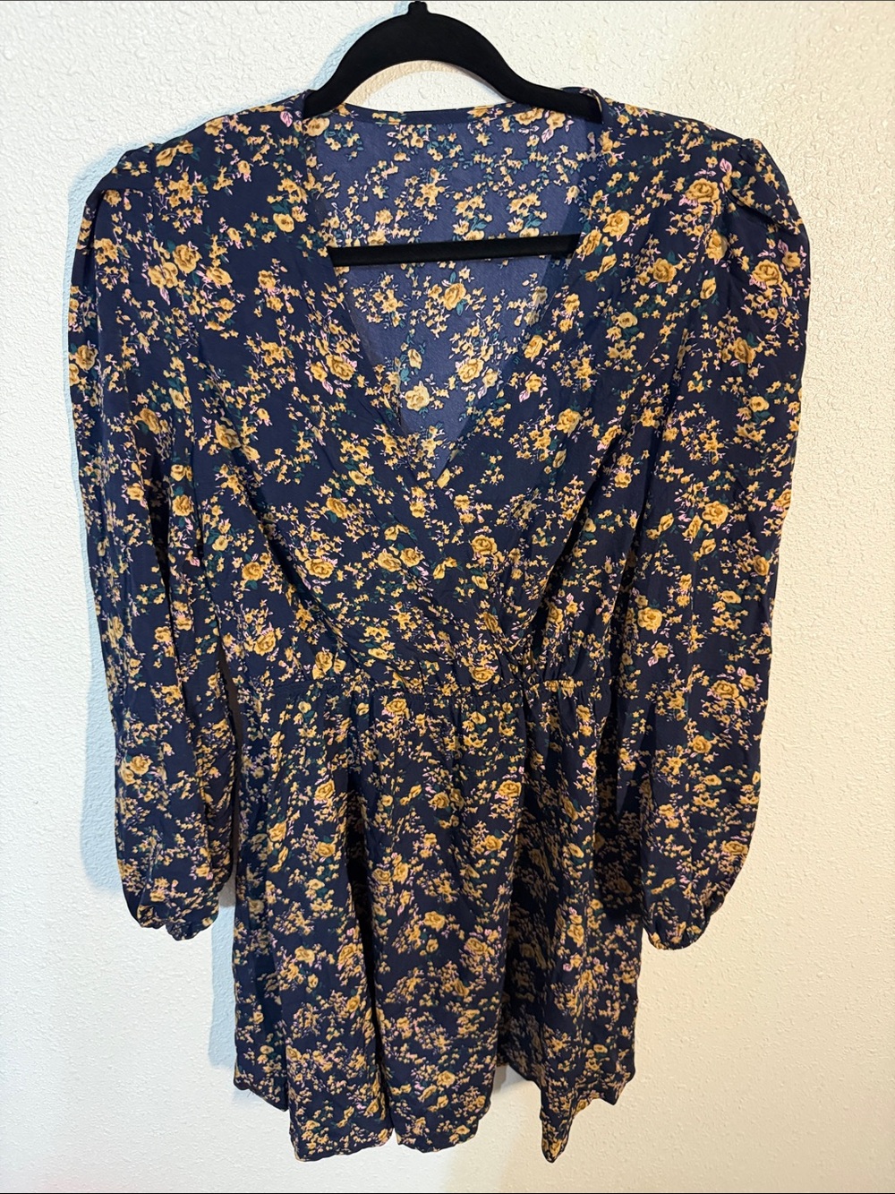 Floral Navy and Mustard Wrap-Style Women's Dress